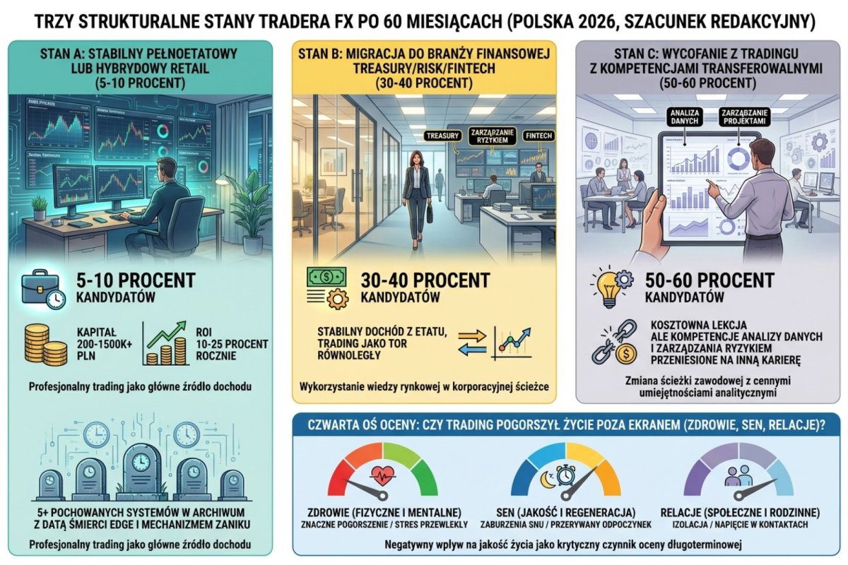 Trzy strukturalne stany tradera FX po 60 miesiącach od kursu w Polsce 2026 (szacunek redakcyjny): Stan A stabilny pełnoetatowy lub hybrydowy retail (5-10 procent kandydatów, kapitał 200-1500k+ PLN, ROI 10-25 procent rocznie, 5+ pochowanych systemów w archiwum z datą śmierci edge i mechanizmem zaniku). Stan B migracja do branży finansowej treasury/risk/fintech (30-40 procent, stabilny dochód z etatu, trading jako tor równoległy). Stan C wycofanie z tradingu z kompetencjami transferowalnymi (50-60 procent, kosztowna lekcja ale kompetencje analizy danych i zarządzania ryzykiem przeniesione na inną karierę). Czwarta oś oceny obok finansów, operacji i psychologii: czy trading pogorszył życie poza ekranem (zdrowie, sen, relacje)