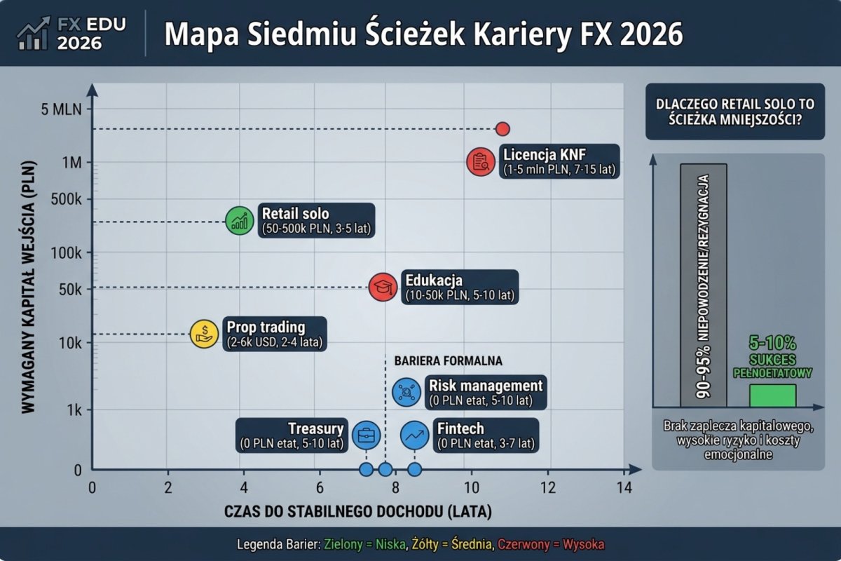 Mapa siedmiu ścieżek kariery FX 2026: oś X — czas do stabilnego dochodu, oś Y — wymagany kapitał wejścia, kolor punktu — bariera formalna (regulacyjna, kwalifikacyjna, kapitałowa). Retail solo (50-500k PLN, 3-5 lat), prop trading (2-6k USD, 2-4 lata), treasury (0 PLN etat, 5-10 lat), risk management (0 PLN etat, 5-10 lat), fintech (0 PLN etat, 3-7 lat), edukacja (10-50k PLN, 5-10 lat), licencja KNF (1-5 mln PLN, 7-15 lat). Wizualizacja, dlaczego pełnoetatowy retail bez zaplecza kapitałowego jest ścieżką mniejszości 5-10% kandydatów
