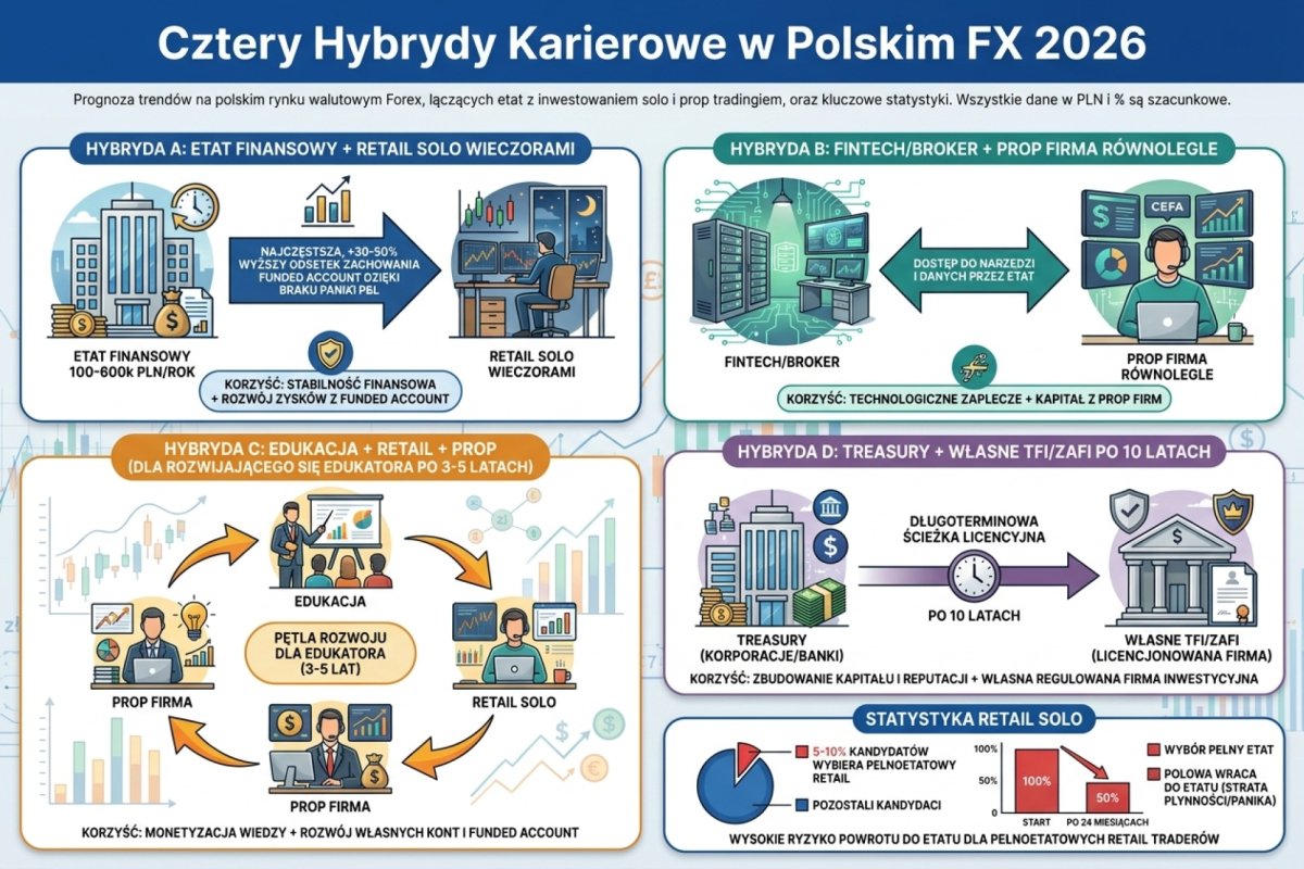 Cztery hybrydy karierowe w polskim FX 2026: Hybryda A (etat finansowy 100-600k PLN/rok + retail solo wieczorami, najczęstsza, +30-50% wyższy odsetek zachowania funded account dzięki braku paniki P&L), Hybryda B (fintech/broker + prop firma równolegle, dostęp do narzędzi i danych przez etat), Hybryda C (edukacja + retail + prop, dla rozwijającego się edukatora po 3-5 latach), Hybryda D (treasury + własne TFI/ZAFI po 10 latach, długoterminowa ścieżka licencyjna). Statystyka: ok. 5-10% kandydatów wybiera pełnoetatowy retail, z czego połowa wraca do etatu w ciągu 24 miesięcy