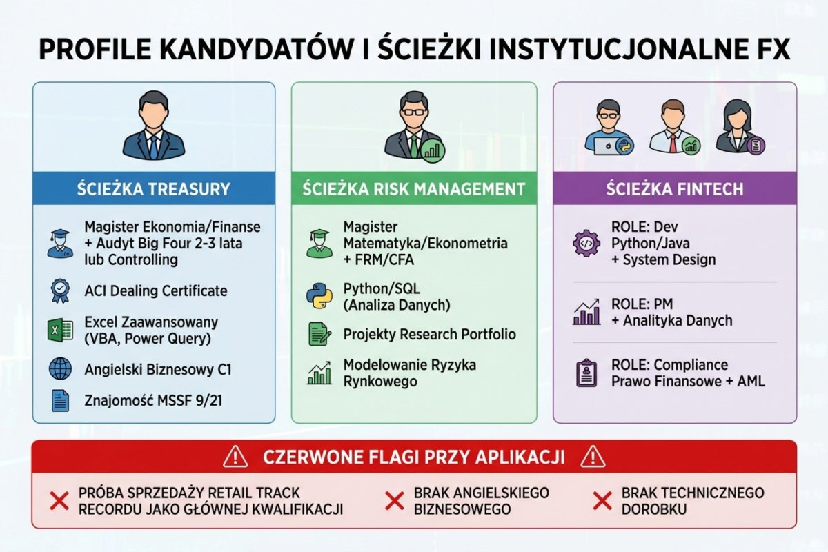 Profile kandydatów realnie mających szansę w trzech ścieżkach instytucjonalnych FX: treasury (magister ekonomia/finanse + audyt Big Four 2-3 lata albo controlling + ACI Dealing Certificate + Excel zaawansowany + angielski C1 + MSSF 9/21), risk management (magister matematyka/ekonometria + FRM/CFA + Python/SQL + projekty research portfolio), fintech (zależnie od roli: dev Python/Java + system design albo PM + analityka albo compliance prawo finansowe + AML). Czerwone flagi przy aplikacji: próba sprzedaży retail track recordu jako głównej kwalifikacji, brak angielskiego biznesowego, brak technicznego dorobku