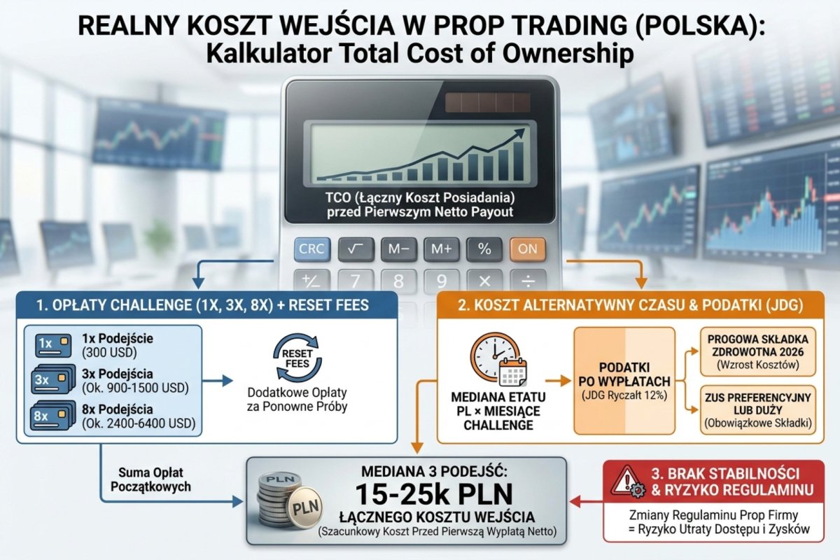 Realny koszt wejścia w prop trading dla polskiego rezydenta — kalkulator total cost of ownership: opłaty challenge (1x, 3x, 8x podejść = 300 USD do 6400 USD), reset fees, czas alternatywny (mediana etatu PL × miesiące challenge), podatki po wypłatach (JDG ryczałt 12% + progowa składka zdrowotna na ryczałcie 2026 + ZUS preferencyjny lub duży), brak stabilności wypłat przy zmianie regulaminu prop firmy. Mediana 3 podejść: 15-25k PLN łącznego kosztu wejścia przed pierwszym netto payout