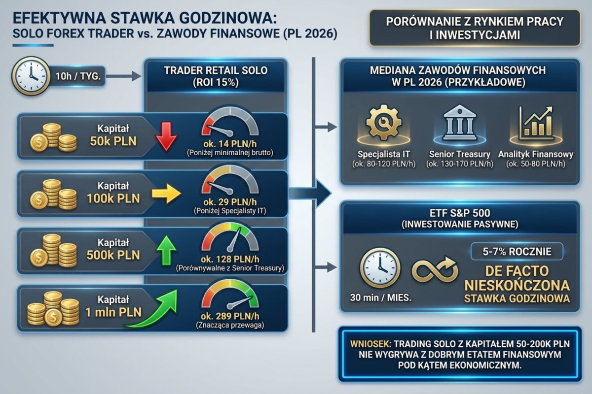 Porównanie efektywnej stawki godzinowej tradera retail solo z medianą zawodów finansowych w PL 2026: dla kapitału 50k PLN i ROI 15% przy 10h/tyg. — ok. 14 PLN/h (poniżej minimalnej brutto); dla 100k PLN — ok. 29 PLN/h (poniżej specjalisty IT); dla 500k PLN — ok. 128 PLN/h (porównywalne z senior treasury); dla 1 mln PLN — ok. 289 PLN/h. ETF S&P 500 z 5-7% rocznie przy 30 min/mies. = de facto nieskończona stawka godzinowa. Wniosek: retail solo z kapitałem 50-200k PLN nie wygrywa z dobrym etatem finansowym pod kątem ekonomicznym