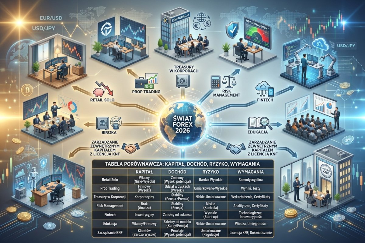 Siedem ścieżek kariery w świecie Forex 2026 — retail solo, prop trading, treasury w korporacji, risk management, fintech, edukacja, zarządzanie zewnętrznym kapitałem z licencją KNF. Tabela porównawcza kapitał-dochód-ryzyko-wymagania