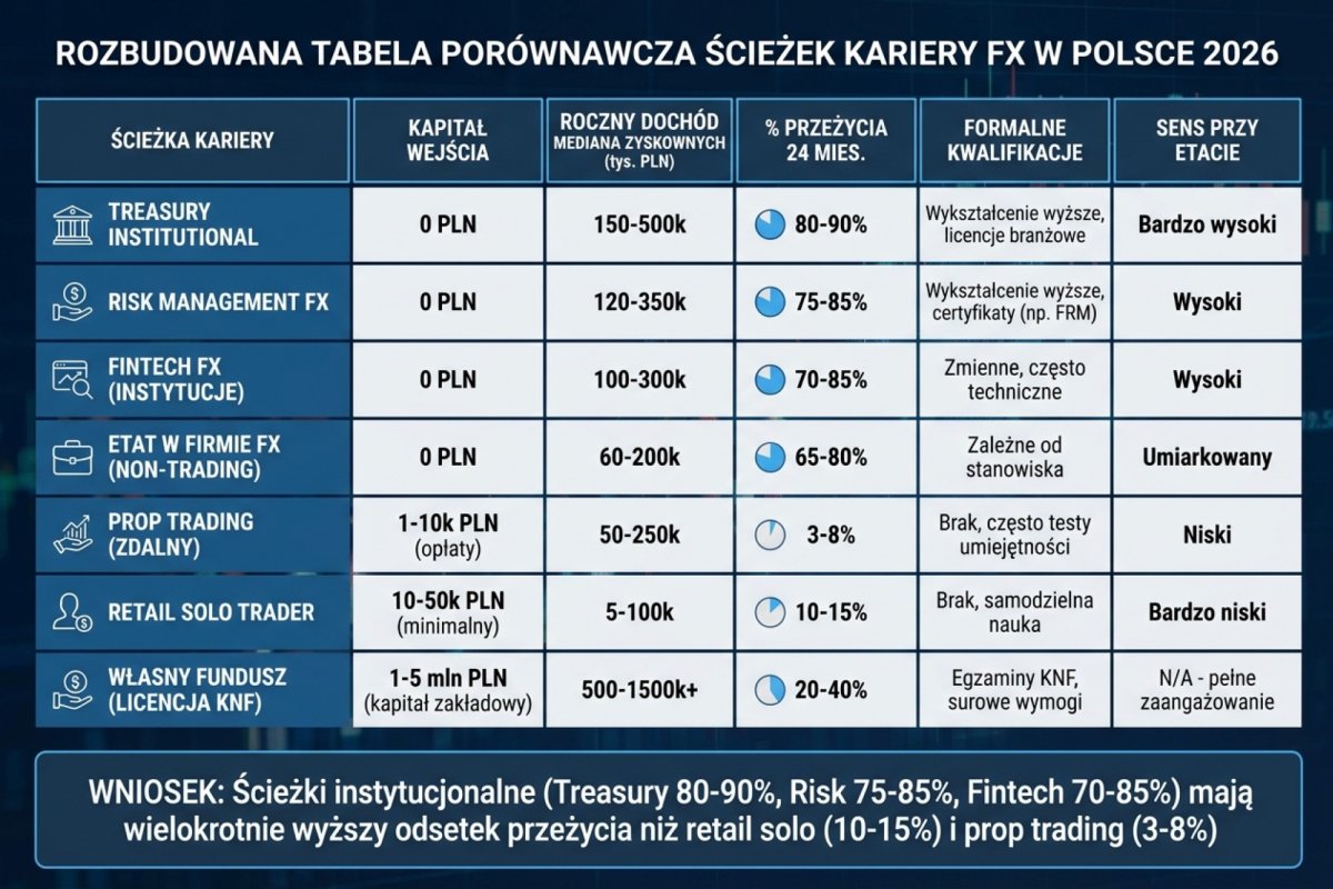 Rozbudowana tabela porównawcza siedmiu ścieżek kariery FX w Polsce 2026 z kolumnami: kapitał wejścia (od 0 PLN dla etatów do 1-5 mln dla licencji KNF), roczny dochód mediana zyskownych (5-1500k PLN), % przeżycia 24 mies. (3-90% zależnie od ścieżki), formalne kwalifikacje (od żadnych do egzaminów KNF), sens przy etacie. Wniosek: ścieżki instytucjonalne (treasury 80-90%, risk 75-85%, fintech 70-85%) mają wielokrotnie wyższy odsetek przeżycia niż retail solo (10-15%) i prop trading (3-8%)