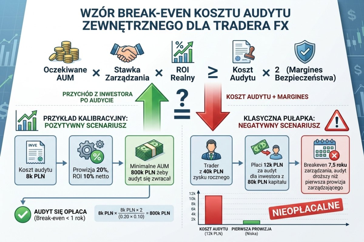 Wzór break-even kosztu audytu zewnętrznego dla tradera FX: oczekiwane AUM × stawka zarządzania × ROI realny ≥ koszt audytu × 2 (margines bezpieczeństwa). Przykład kalibracyjny: koszt audytu 8k PLN, prowizja 20%, ROI 10% netto → minimalne AUM 800k PLN żeby audyt się zwracał. Klasyczna pułapka: trader z 40k PLN zysku rocznego płaci 12k PLN za audyt dla inwestora z 80k PLN kapitału → breakeven 7,5 roku zarządzania, audyt droższy niż pierwsza prowizja zarządzającego