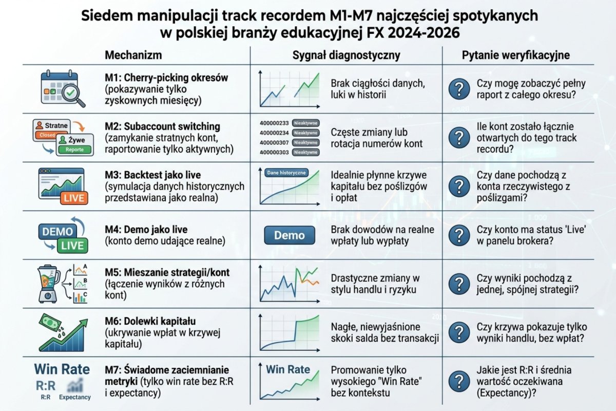 Siedem manipulacji track recordem M1-M7 najczęściej spotykanych w polskiej branży edukacyjnej FX 2024-2026: M1 cherry-picking okresów (pokazujesz tylko zyskowne miesiące), M2 subaccount switching (zamykasz stratne konta, raportujesz tylko żywe), M3 backtest jako live, M4 demo jako live, M5 mieszanie strategii/kont, M6 dolewki kapitału ukrywane w equity curve, M7 świadome zaciemnianie metryki (sam win rate bez R:R i expectancy). Procedury rozpoznawania, kolumny: mechanizm + sygnał diagnostyczny + pytanie weryfikacyjne