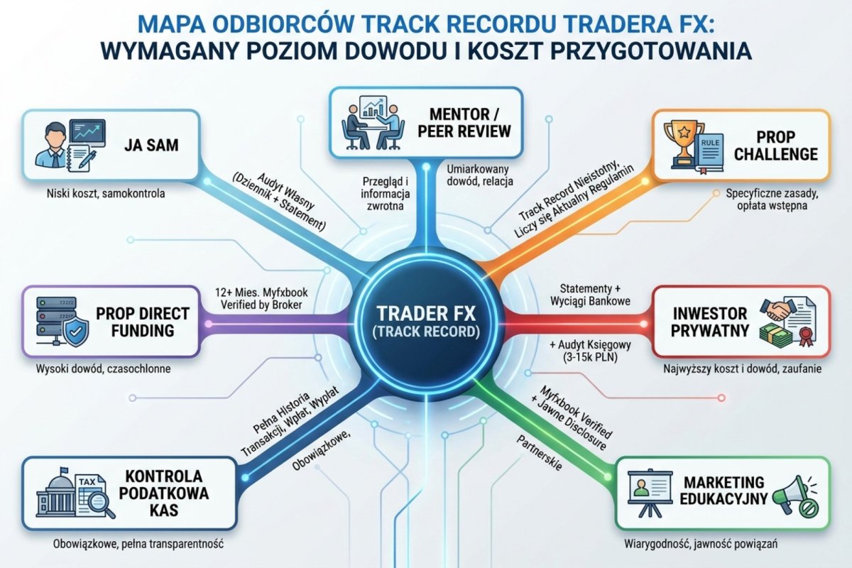 Mapa siedmiu odbiorców track recordu tradera FX z wymaganym poziomem dowodu i kosztem przygotowania: ja sam (audyt własny — dziennik + statement), mentor/peer review, prop challenge (track record nieistotny — liczy się aktualny regulamin), prop direct funding (12+ mies. Myfxbook verified by broker), inwestor prywatny (statementy + wyciągi bankowe + audyt księgowy 3-15k PLN), kontrola podatkowa KAS (pełna historia transakcji, wpłat, wypłat), marketing edukacyjny (Myfxbook verified + jawne disclosure partnerskie)