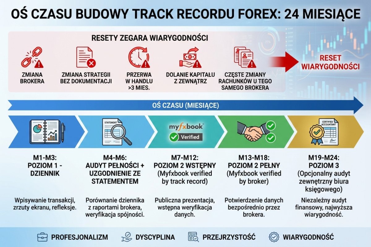 Oś czasu budowy track recordu w 24 miesiącach: M1-M3 (poziom 1 - dziennik), M4-M6 (audyt pełności + uzgodnienie ze statementem), M7-M12 (Myfxbook verified by track record, poziom 2 wstępny), M13-M18 (Myfxbook verified by broker, poziom 2 pełny), M19-M24 (opcjonalny audyt zewnętrzny biura księgowego, poziom 3). Reset points (które resetują zegar wiarygodności): zmiana brokera, zmiana strategii bez dokumentacji, przerwa w handlu >3 mies., dolanie kapitału z zewnątrz, częste zmiany rachunków u tego samego brokera