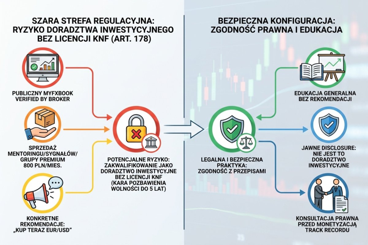 Szara strefa regulacyjna: publiczny Myfxbook verified by broker + sprzedaż mentoringu/sygnałów/grupy premium 800 PLN/mies. + konkretne rekomendacje typu „kup teraz EUR/USD" = potencjalne ryzyko zakwalifikowania jako doradztwo inwestycyjne bez licencji KNF (art. 178 ustawy o obrocie instrumentami finansowymi, kara pozbawienia wolności do 5 lat). Bezpieczna konfiguracja: edukacja generalna bez rekomendacji + jawne disclosure że NIE jest to doradztwo inwestycyjne + konsultacja prawna przed monetyzacją track recordu