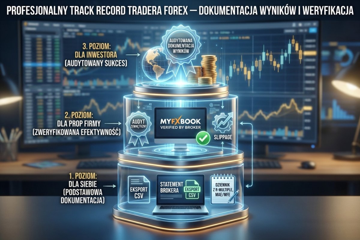 Track record tradera Forex — dokumentacja wyników: statement brokera, eksport CSV, audyt zewnętrzny, Myfxbook verified by broker, dziennik z R-multiple, MAE/MFE, slippage. Trzy poziomy weryfikacji: dla siebie, dla prop firmy, dla inwestora