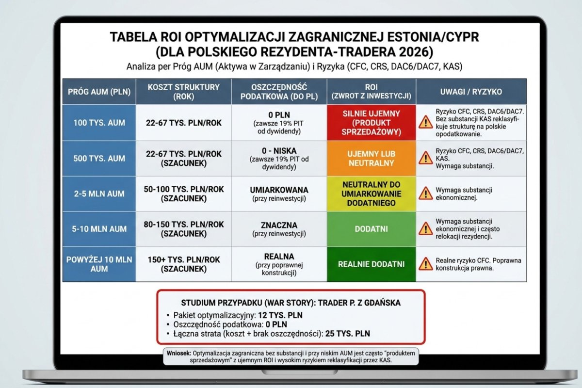 Tabela ROI optymalizacji zagranicznej Estonia/Cypr per próg AUM dla polskiego rezydenta-tradera 2026: 100 tys. PLN AUM — koszt struktury 22-67 tys. PLN/rok, oszczędność 0 PLN (zawsze 19 procent PIT od dywidendy do PL), ROI silnie ujemny (produkt sprzedażowy); 500 tys. AUM — ROI ujemny lub neutralny; 2-5 mln AUM — neutralny do umiarkowanie dodatniego przy reinwestycji; 5-10 mln AUM — dodatni, ale wymaga substancji ekonomicznej i często relokacji rezydencji; powyżej 10 mln AUM — realnie dodatni przy poprawnej konstrukcji prawnej. Ryzyko CFC (Controlled Foreign Company), CRS, DAC6/DAC7 — bez substancji KAS reklasyfikuje strukturę na polskie opodatkowanie. War story tradera P. z Gdańska: 12 tys. PLN za pakiet, 0 PLN oszczędności, 25 tys. PLN łączna strata