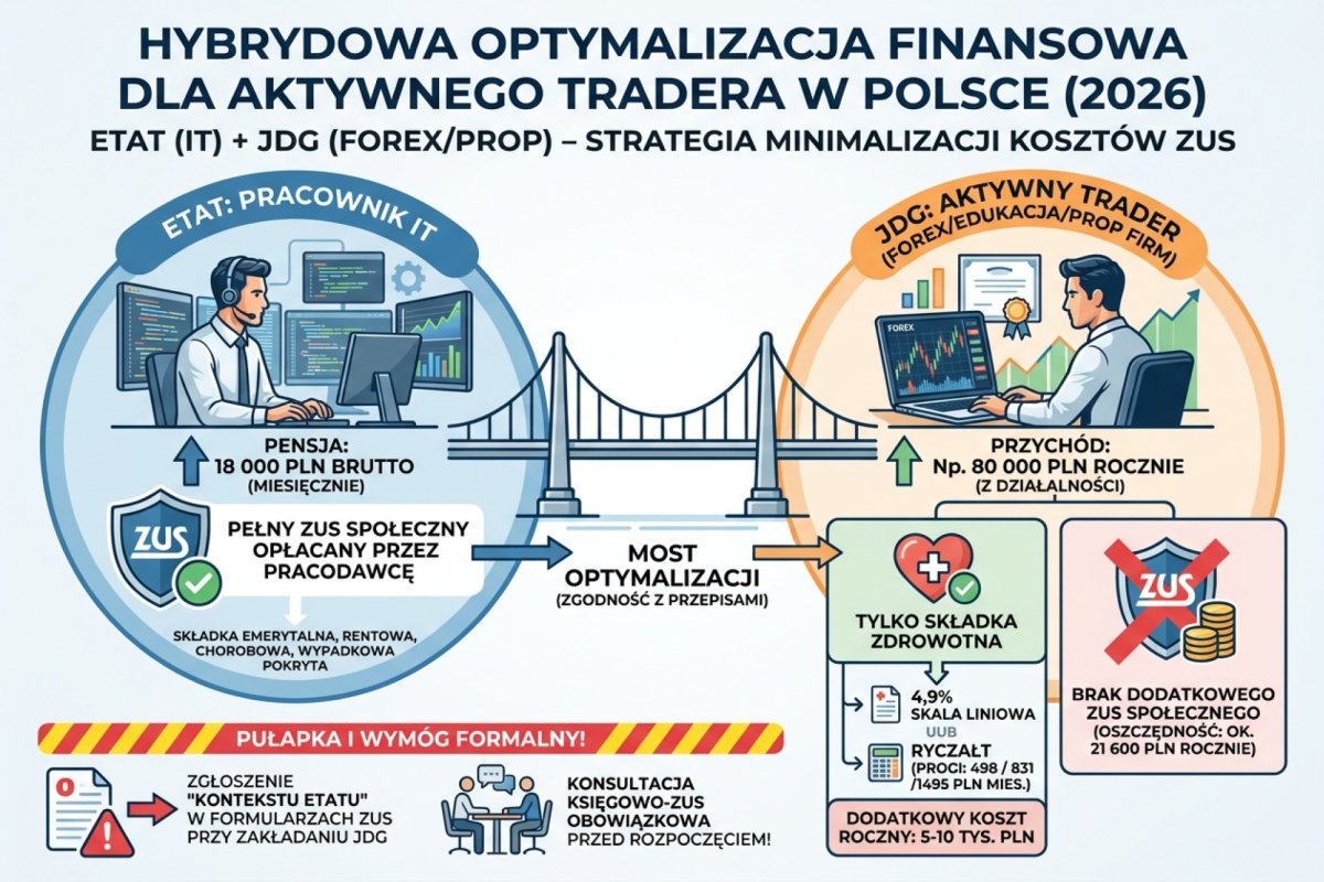 Hybrydowa optymalizacja etat plus JDG dla aktywnego tradera w Polsce 2026: pracownik etatowy z pensją powyżej minimalnej (np. 18 tys. PLN brutto u pracodawcy IT) ma ZUS opłacany przez pracodawcę, a JDG dorzucona równolegle dla edukacji tradingowej i prop firm nie generuje dodatkowego ZUS społecznego — płaci tylko składkę zdrowotną od dochodu/przychodu z JDG (4,9 procent skala liniowa lub progi ryczałtu 498/831/1495 PLN miesięcznie). Przy 80 tys. PLN przychodu rocznego z JDG dodatkowy koszt to tylko 5-10 tys. PLN zdrowotnej rocznie, bez ZUS społecznego 21 600 PLN. Pułapka: trzeba zgłosić kontekst etatu w formularzach ZUS, żeby uniknąć podwójnego naliczania — konsultacja księgowo-zus przy zakładaniu JDG równolegle z etatem obowiązkowa