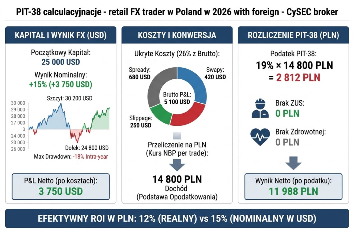 Wizualna kalkulacja rozliczenia PIT-38 dla retail tradera FX 2026 z brokerem zagranicznym CySEC: kapitał 25 000 USD, wynik +15% w USD, max drawdown intra-year minus 18% (peak 30 200 USD do trough 24 800 USD), P&L 3 750 USD już po spreadach (680) i swapach (420) i slippage (250) — brutto 5 100 USD zjedzone w 26% przez ukryte koszty. Przeliczenie per trade na PLN po kursie NBP z dnia poprzedzającego zamknięcie: 14 800 PLN dochodu. PIT-38 19% × 14 800 = 2 812 PLN podatku, brak ZUS, brak zdrowotnej. Wynik netto 11 988 PLN — efektywny ROI 12% w PLN (nie 15%). Pokazuje różnicę między nominalnym a realnym wynikiem po podatku i kosztach