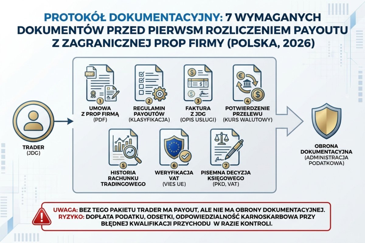 Protokół dokumentacyjny 7 dokumentów wymaganych przed pierwszym rozliczeniem payoutu z zagranicznej prop firmy w Polsce 2026: (1) umowa z prop firmą eksportowana w PDF, (2) regulamin payoutów z klasyfikacją typu wpłaty (kontraktor/prize/symulowany/profit share), (3) faktura wystawiona z JDG z opisem usługi, (4) potwierdzenie przelewu bankowego z kursem przewalutowania, (5) historia rachunku tradingowego w okresie faktury, (6) numer VAT kontrahenta zweryfikowany w VIES (UE), (7) pisemna decyzja księgowego co do klasyfikacji PKD i stawki VAT. Bez tego pakietu trader ma payout, ale nie ma obrony dokumentacyjnej — ryzyko dopłaty podatku, odsetek i odpowiedzialności karnoskarbowej przy błędnej kwalifikacji przychodu w razie kontroli administracji podatkowej