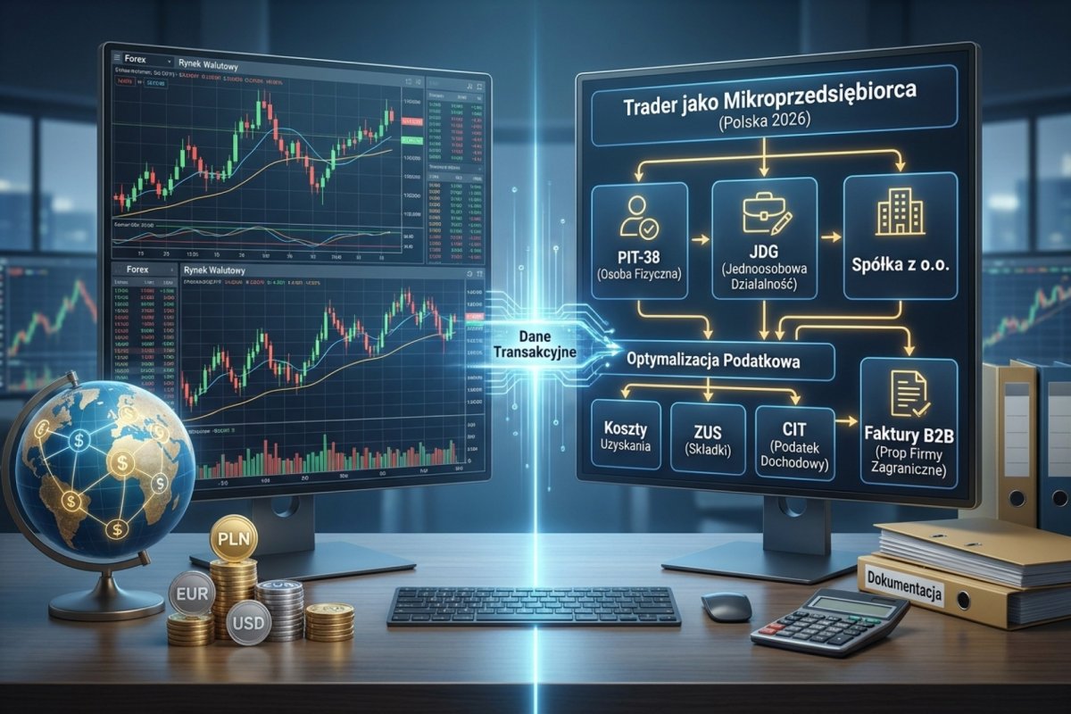 Trader jako mikroprzedsiębiorca w Polsce 2026 — formy prawne: PIT-38 osoba fizyczna, JDG, spółka z o.o., faktury B2B z prop firmami zagranicznymi. Optymalizacja podatkowa, koszty uzyskania, ZUS, CIT