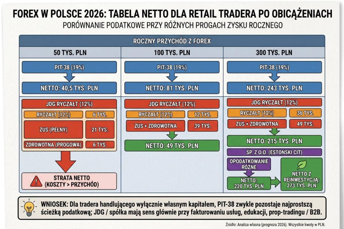 Tabela netto po wszystkich obciążeniach dla retail tradera FX w Polsce 2026 dla trzech progów zysku rocznego: przy 50 tys. PLN PIT-38 daje 40,5 tys. PLN netto a JDG ryczałt 12 procent daje stratę netto (ZUS 21k + zdrowotna progowa 6k + ryczałt 6k przekraczają przychód). Przy 100 tys. PLN: PIT-38 81 tys., JDG ryczałt 49 tys. Przy 300 tys. PLN: PIT-38 243 tys., JDG 215 tys., sp. z o.o. estoński CIT 220 tys. z opcją 273 tys. przy reinwestycji. Wniosek: dla tradera handlującego wyłącznie własnym kapitałem PIT-38 zwykle pozostaje najprostszą ścieżką podatkową; JDG / spółka mają sens głównie przy fakturowaniu usług, edukacji, prop / B2B