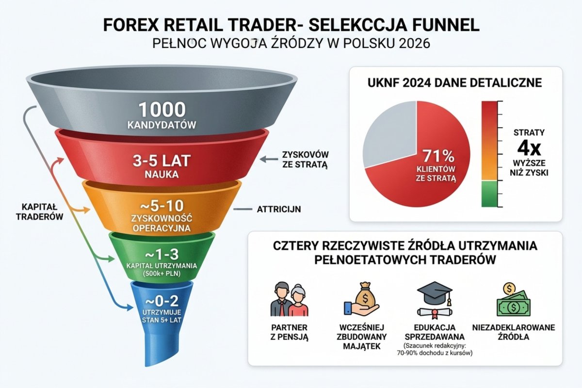 Lejek selekcji pełnoetatowego retail tradera FX w Polsce 2026: na 1000 kandydatów ~5-10 osiąga zyskowność operacyjną po 3-5 latach, ~1-3 ma kapitał wystarczający do utrzymania (500k+ PLN), ~0-2 utrzymuje stan przez 5+ lat. Według UKNF za 2024: 71 procent klientów detalicznych ze stratą na Forex/CFD, straty 4 razy wyższe niż zyski. Cztery rzeczywiste źródła utrzymania pełnoetatowych traderów: partner z pensją, wcześniej zbudowany majątek, edukacja sprzedawana pod marką (szacunek redakcyjny: 70-90 procent dochodu z kursów, nie z tradingu), niezadeklarowane źródła