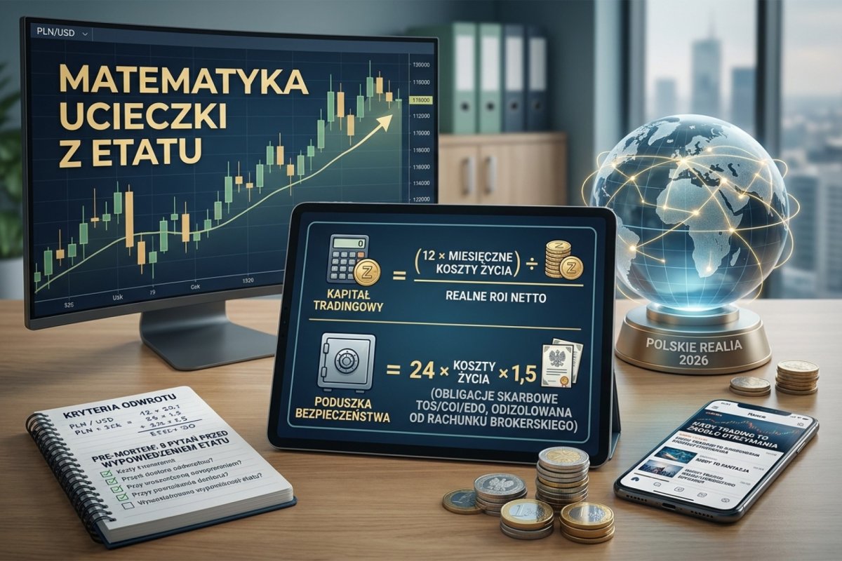 Matematyka ucieczki z etatu — dwa osobne wzory: kapitał tradingowy = (12 × miesięczne koszty życia) ÷ realne ROI netto oraz poduszka bezpieczeństwa = 24 × koszty życia × 1,5 (w obligacjach skarbowych TOS/COI/EDO, odizolowana od rachunku brokerskiego). Kiedy trading może być źródłem utrzymania, a kiedy to fantazja. Polskie realia 2026, kryteria odwrotu i pre-mortem 8 pytań przed wypowiedzeniem etatu