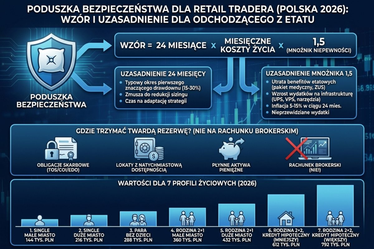 Poduszka bezpieczeństwa dla retail tradera odchodzącego z etatu w Polsce 2026: wzór 24 miesiące razy miesięczne koszty życia razy mnożnik 1,5 (niepewność). Uzasadnienie 24 miesięcy: typowy okres pierwszego znaczącego drawdownu 15-30 procent zmuszającego do redukcji sizingu. Uzasadnienie mnożnika 1,5: utrata benefitów etatowych (pakiet medyczny, ZUS), wzrost wydatków na infrastrukturę (UPS, VPS, narzędzia), inflacja 5-15 procent w 24 mies. Twarda rezerwa w obligacjach TOS/COI/EDO albo lokatach z natychmiastową dostępnością, NIE na rachunku brokerskim. Wartości dla 7 profili życiowych od 144 tys. PLN (single małe miasto) do 792 tys. PLN (rodzina z 2 dzieci, kredyt hipoteczny)