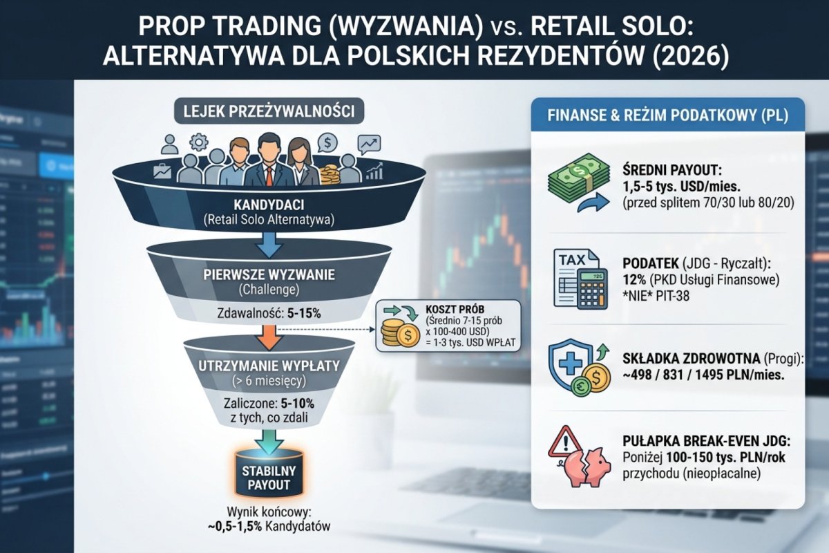 Prop trading challenge-based jako alternatywa do retail solo dla polskich rezydentów 2026: lejek przeżywalności — 5-15 procent zdaje pierwszy challenge (średnio 7-15 prób razy 100-400 USD = 1-3 tys. USD wpłat), 5-10 procent z osób które zaliczyły utrzymuje payout > 6 miesięcy, iloczyn daje ~0,5-1,5 procent kandydatów dochodzi do stabilnego payoutu. Średni payout 1,5-5 tys. USD/mies. przed splitem 70/30 lub 80/20. Reżim podatkowy PL: payout nie jest dochodem kapitałowym PIT-38, najczęściej JDG z PKD usług finansowych, ryczałt 12 procent (wariant modelowy), składka zdrowotna progowa 498,35 / 830,58 / 1495,04 PLN/mies. Pułapka break-even JDG poniżej 100-150 tys. PLN/rok przychodu