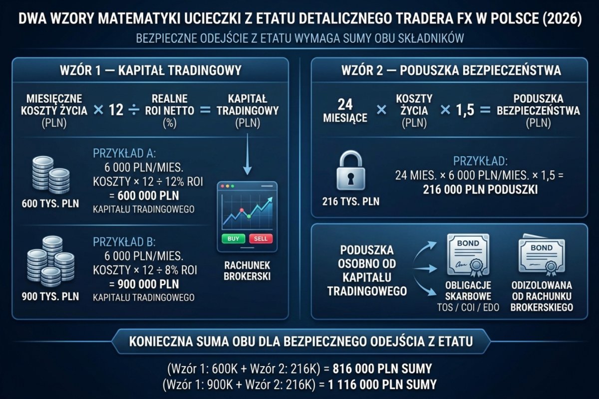 Dwa wzory matematyki ucieczki z etatu pełnoetatowego retail tradera FX w Polsce 2026: Wzór 1 — kapitał tradingowy = 12 razy miesięczne koszty życia podzielone przez realne ROI netto (przy 6k PLN/mies. kosztów życia i ROI 12 procent rocznie daje 600 tys. PLN kapitału, przy ROI 8 procent daje 900 tys. PLN). Wzór 2 — poduszka bezpieczeństwa = 24 miesiące razy koszty życia razy 1,5 (przy 6k PLN/mies. daje 216 tys. PLN). Poduszka osobno od kapitału tradingowego, w obligacjach skarbowych TOS/COI/EDO, odizolowana od rachunku brokerskiego. Konieczna suma obu dla bezpiecznego odejścia z etatu