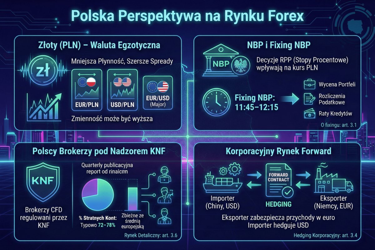 Polska perspektywa rynku Forex — NBP i kurs referencyjny, nadzór KNF, hedging polskich eksporterów i importerów