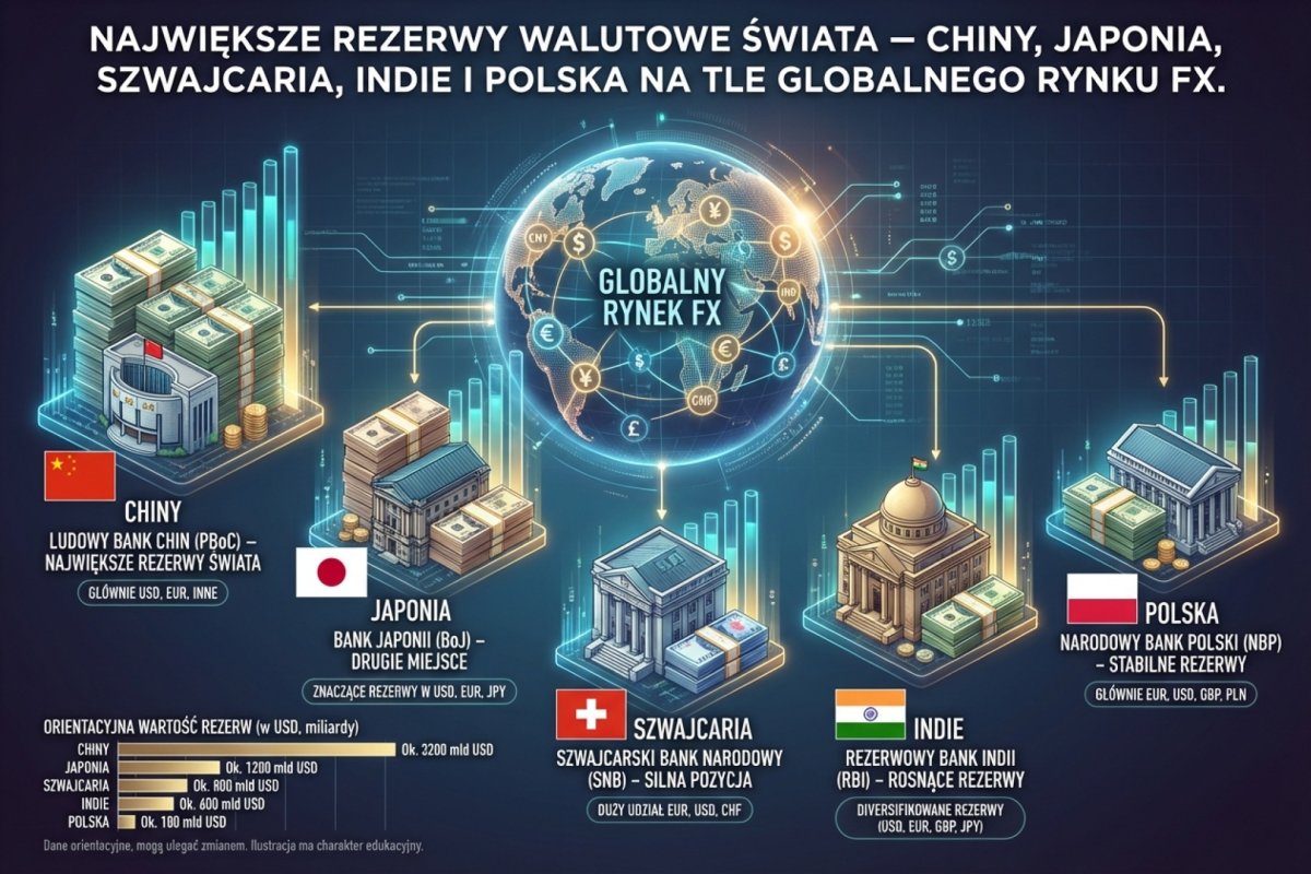 Największe oficjalne aktywa rezerwowe świata — Chiny, Japonia, Szwajcaria, Indie i Polska; struktura walutowa rezerw według COFER