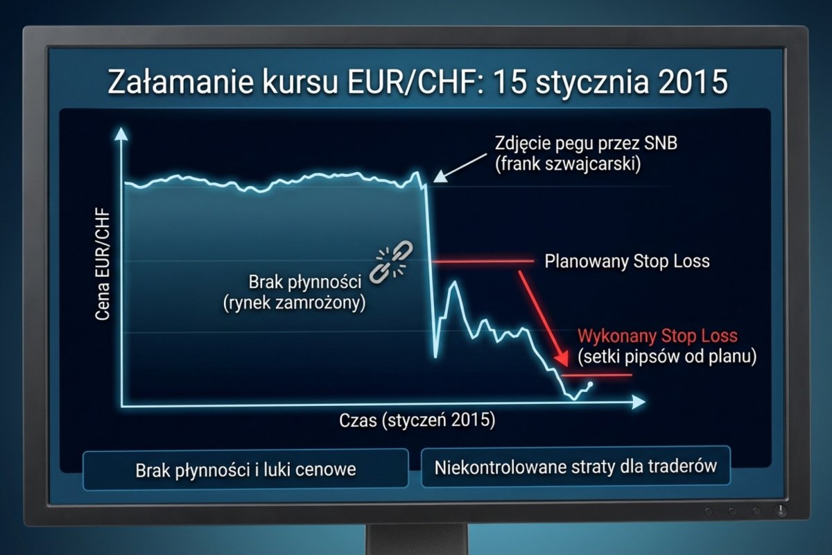 EUR/CHF 15 stycznia 2015 — zniesienie minimum kursowego przez SNB: luka płynności, chwilowe transakcje daleko od 1,20 i stabilizacja w rejonie parytetu