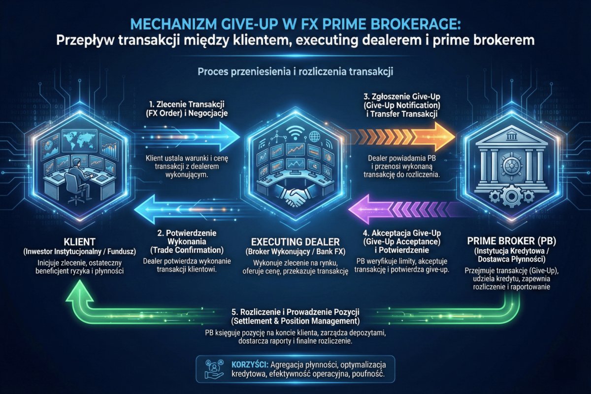 Mechanizm give-up w FX prime brokerage — przepływ transakcji między klientem, executing dealerem i prime brokerem z etapem akceptacji