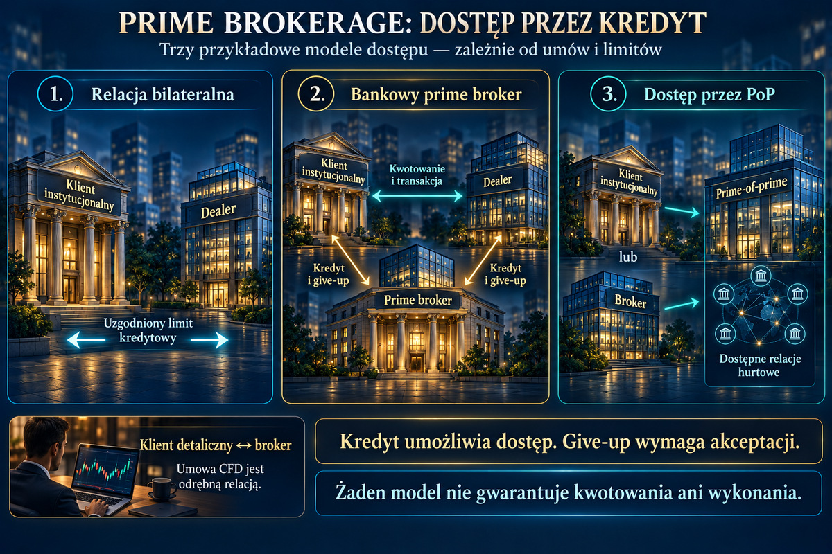Prime brokerage: trzy modele dostępu przez kredyt. Trzy przykładowe modele dostępu, zależne od umów i limitów. Give-up wymaga akceptacji; umowa CFD klienta detalicznego pozostaje odrębna.