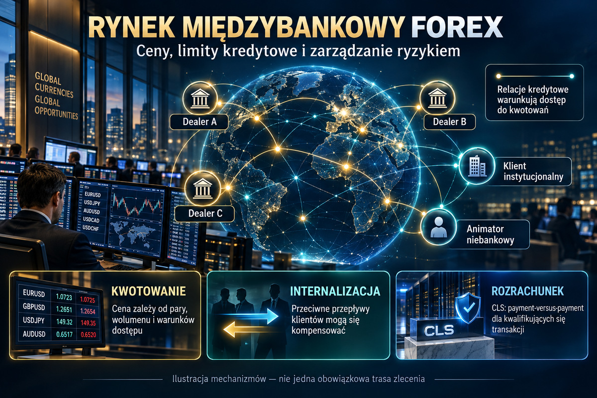 Dealerzy, limity kredytowe i odrębny proces rozrachunku. Kwotowanie, zarządzanie ekspozycją i rozrachunek są odrębnymi procesami. Sieć jest ilustracyjna.