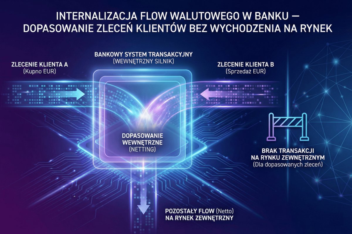 Internalizacja przepływu walutowego w banku — wewnętrzne dopasowanie zleceń klientów, na rynek trafia dopiero pozycja netto