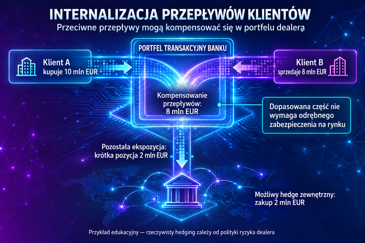 Kompensacja przepływów klientów i pozostałe ryzyko banku. Przykład edukacyjny: sprzedaż klientowi 10 mln EUR i zakup od klienta 8 mln EUR pozostawia bank krótki o 2 mln EUR. Hedge jest odrębną decyzją.