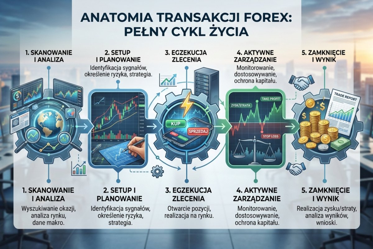 Anatomia transakcji Forex — pełny cykl życia od skanowania, przez setup, egzekucję, zarządzanie pozycją według progów z planu, aż do zamknięcia