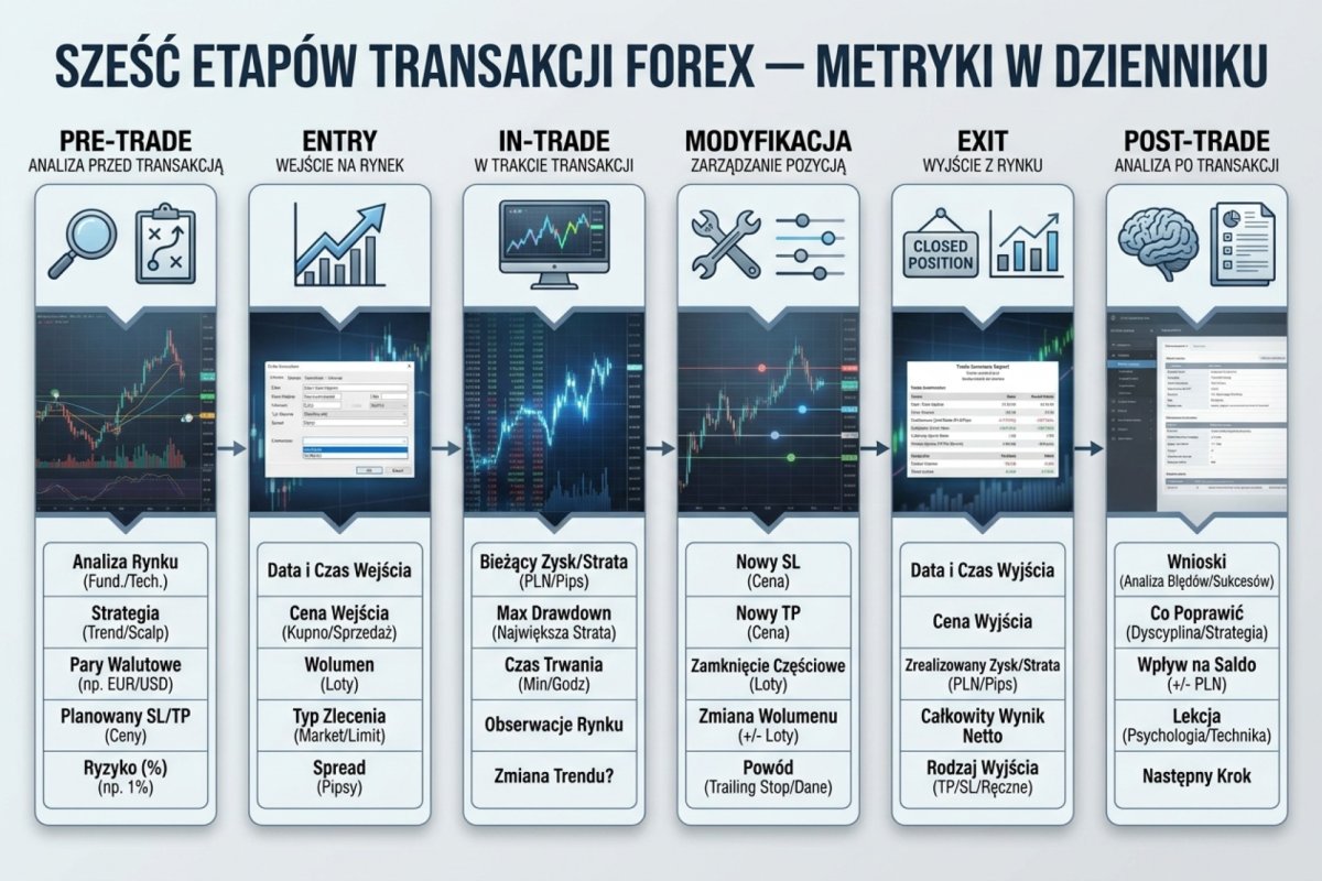 Sześć etapów transakcji Forex — pre-trade, entry, in-trade, modyfikacja, exit, post-trade — z metrykami zapisywanymi w dzienniku na każdym etapie