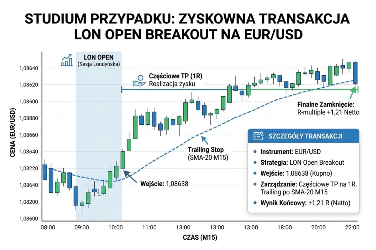 Case study zyskownej transakcji LON Open Breakout na EUR/USD — entry 1,08638, częściowe TP na 1R, trailing po SMA-20 M15, finalne zamknięcie z R-multiple +1,21 netto