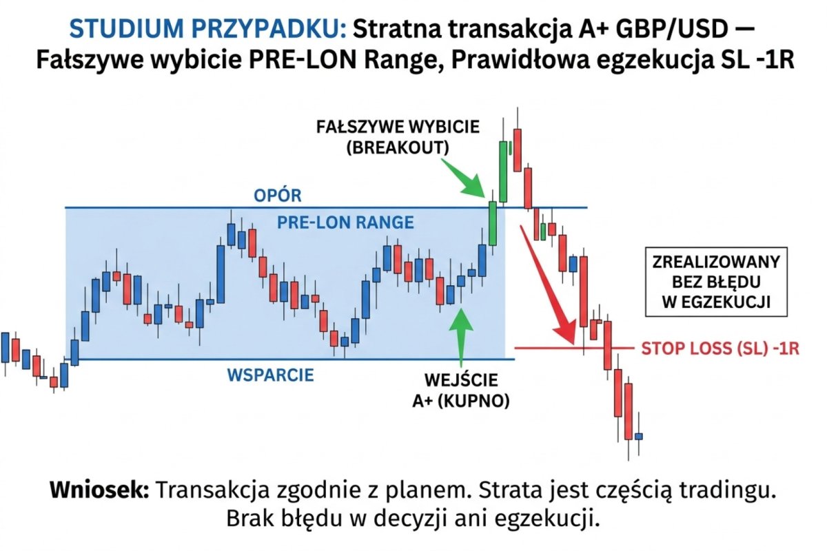 Case study stratnej transakcji A+ z prawidłową egzekucją na GBP/USD — fałszywe wybicie pre-LON range, SL zrealizowany na −1,06R bez błędu w decyzji ani egzekucji