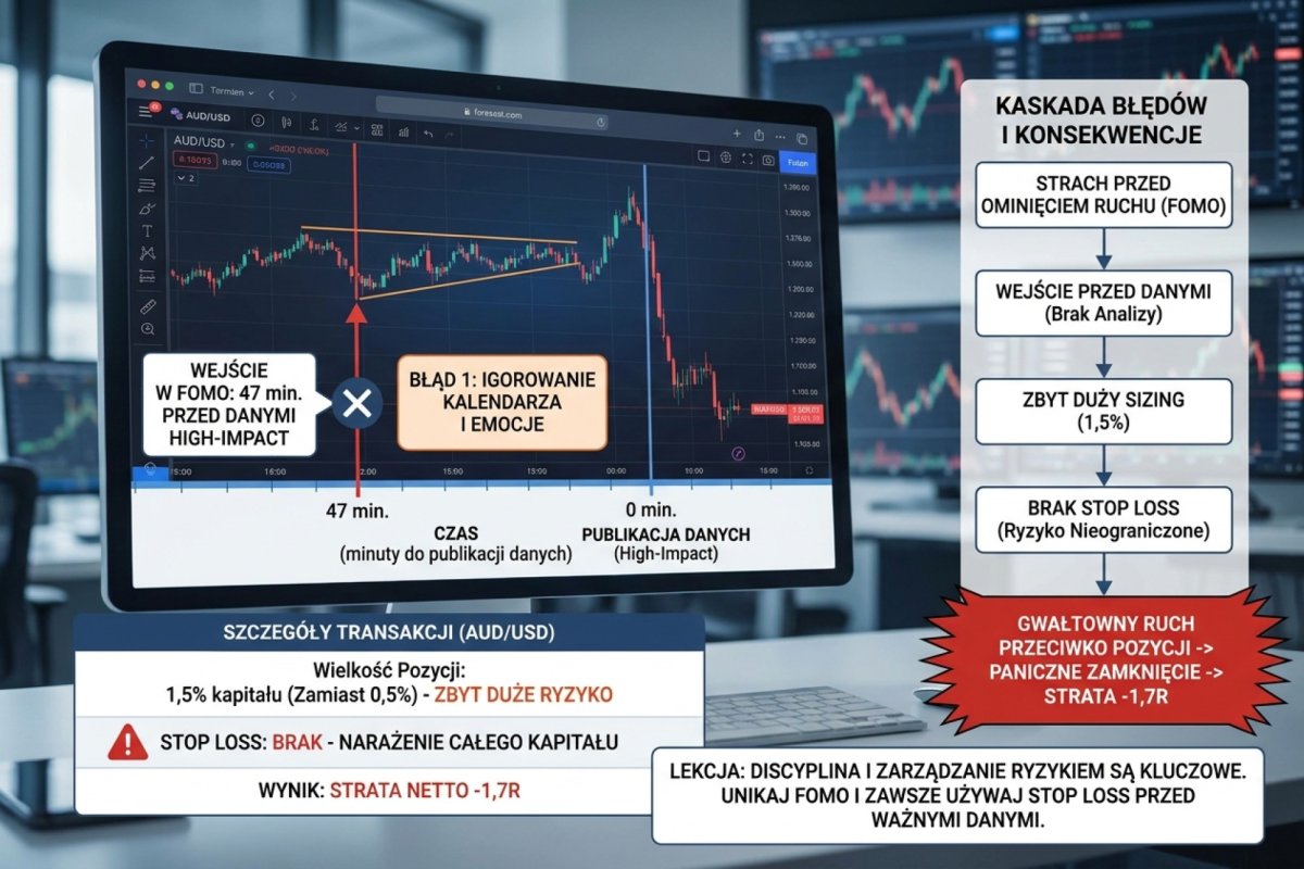 Case study stratnej transakcji w FOMO na AUD/USD — wejście 38 minut przed publikacją high-impact bez Stop Loss, wolumen bez rachunku ryzyka, strata 538 PLN — około 1,9 procenta kapitału — przez kaskadę błędów
