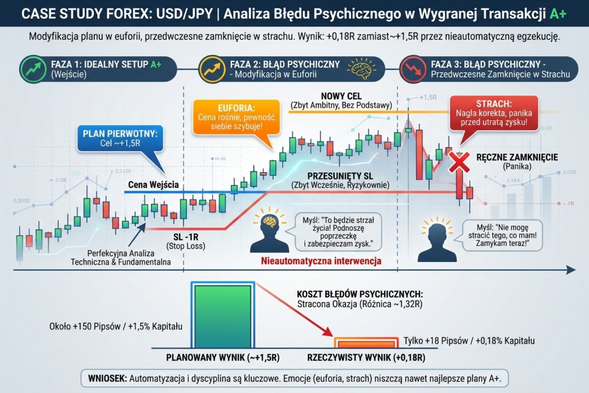 Case study wygranej transakcji A+ na USD/JPY z błędem psychicznym — modyfikacja planu w euforii, przedwczesne zamknięcie w strachu, +0,18R zamiast około +1,6R w counterfactualu z planu, przez nieautomatyczną egzekucję