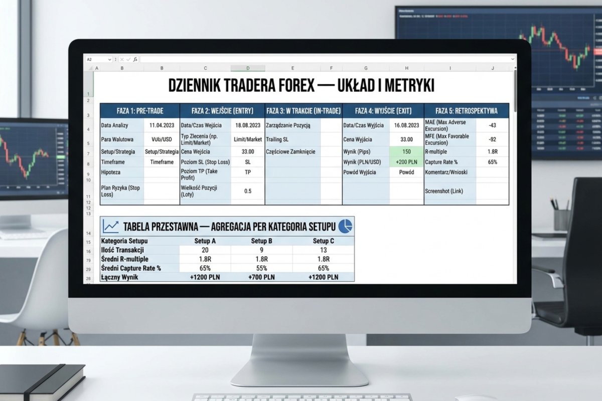 Dziennik tradera Forex — przykładowy układ pól per faza transakcji (pre-trade, entry, in-trade, exit, retrospektywa) z metrykami MAE, MFE, R-multiple i capture rate per setup, w arkuszu z tabelą przestawną do agregacji per kategoria