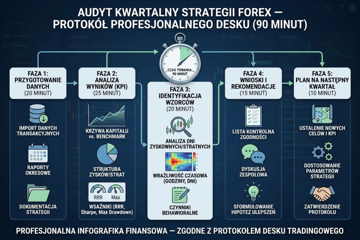 Audyt kwartalny strategii Forex w 90 minut — pięć faz od przygotowania i uzgodnienia danych, przez cztery bramki, po decyzje i plan na następny kwartał