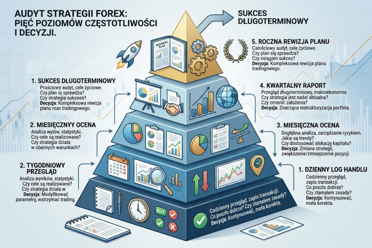 Audyt strategii Forex — dwa wyzwalacze audytu: kalendarz kwartalny i zdarzenie, oraz granica między obserwacją a decyzją o strategii