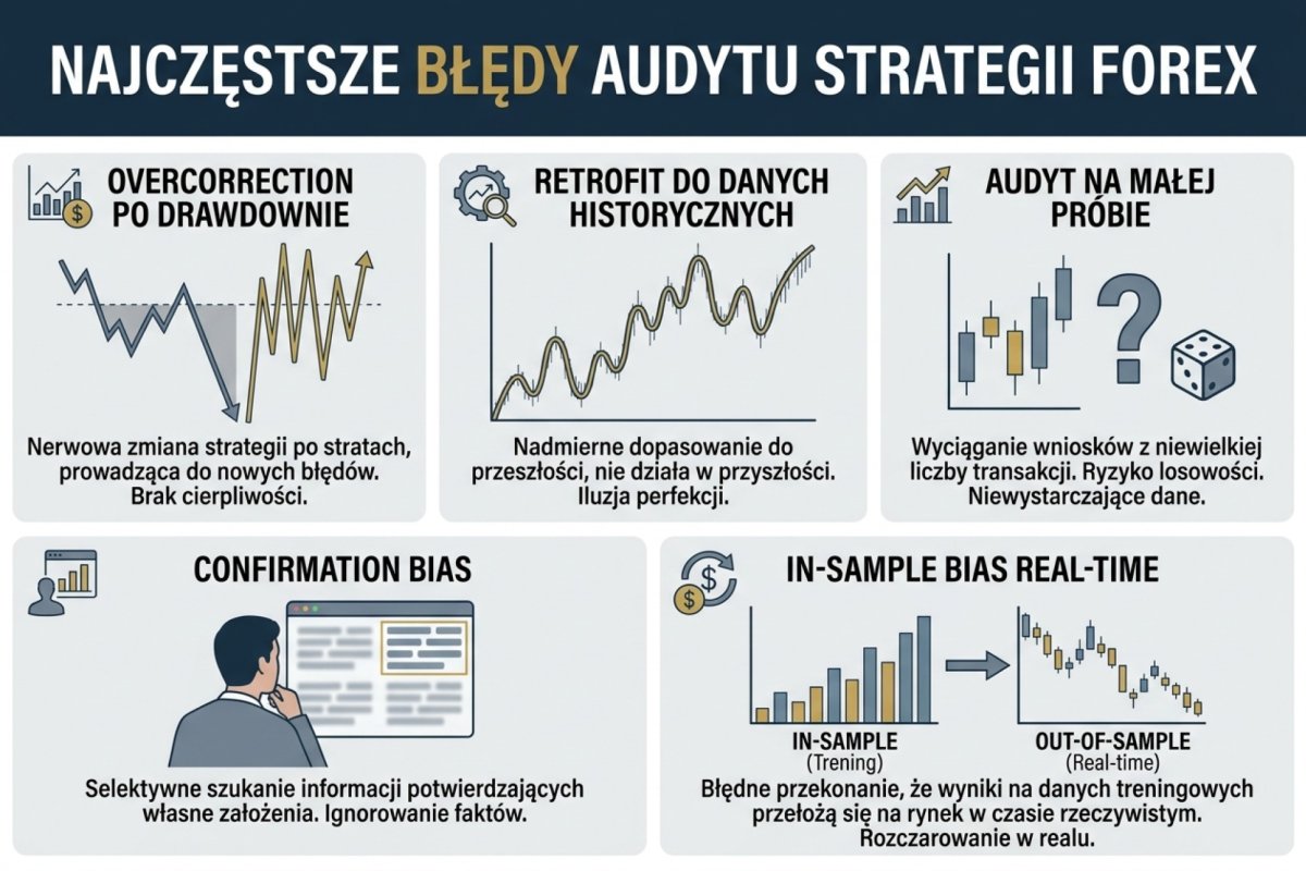 Najczęstsze błędy audytu strategii Forex &mdash; overcorrection po drawdownie, retrofit do danych historycznych, audyt na małej próbie, confirmation bias, in-sample bias real-time