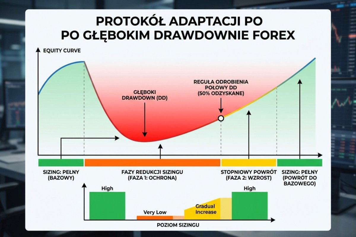 Audyt wywołany zdarzeniem — kolejność bramek po głębokim drawdownie i po serii zysków, z decyzją o skali odsyłaną do zasad zmiany skali