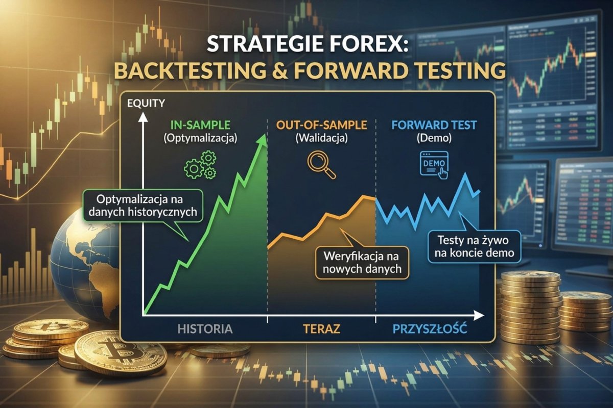 Backtesting i forward testing strategii Forex — wykres equity z in-sample optymalizacją, out-of-sample walidacją i forward testem na demo