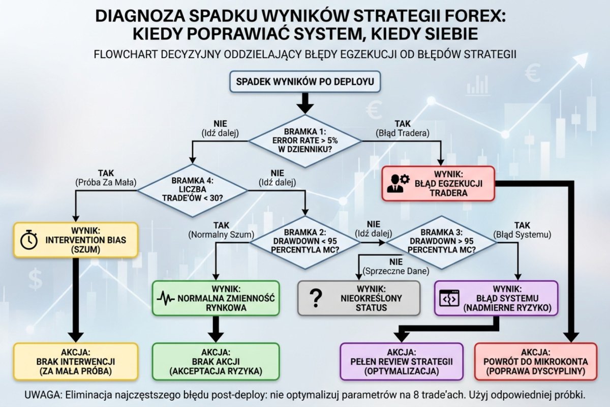 Kolejność bramek diagnozy po wdrożeniu w przykładzie z tego artykułu — cztery kroki sprawdzane po kolei: dane i wykonanie (zgodność dziennika z raportem brokera, wersja strategii, liczba wykonań niezgodnych z regułą), koszty (realny spread, poślizg i prowizja wobec modelu z karty testu), reżim (czy warunki, w których strategia miała działać, w ogóle w tym okresie wystąpiły) i dopiero na końcu przewaga, oceniana przedziałem wokół expectancy, a nie średnią z kilkunastu ostatnich transakcji. Schemat poglądowy, bez danych. Ilustracja do sekcji 9 tego artykułu; pełna tabela decyzyjna kiedy poprawiać system, a kiedy siebie, progi degradacji setupu i rytm przeglądu należą do artykułu 15.10 (Audyt strategii) — po definicje, progi i interpretacje idź tam