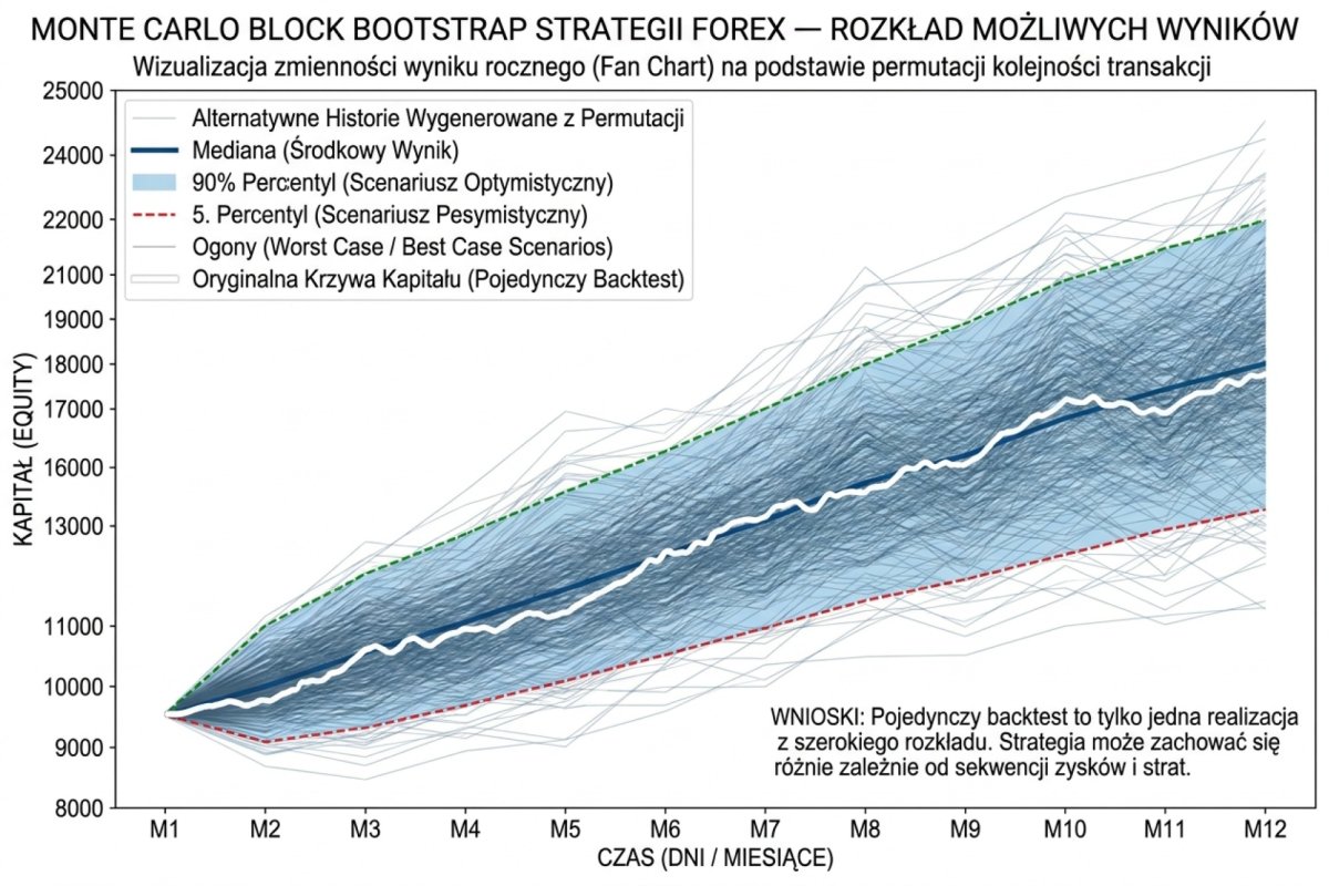 Monte Carlo block bootstrap strategii Forex — wykres typu fan chart z nałożoną oryginalną equity curve i 1000 alternatywnych historii wygenerowanych z permutacji kolejności trade ów. Wstęga 5–95 percentyla pokazuje zakres realistycznej wariancji wyniku rocznego, mediana w środku, ogony w 5. i 95. percentylu sygnalizują skalę worst case i best case scenarios. Wizualizacja pokazuje, że pojedynczy backtest jest jedną realizacją z rozkładu — strategia może się zachować różnie zależnie od kolejności sekwencji wygranych i strat