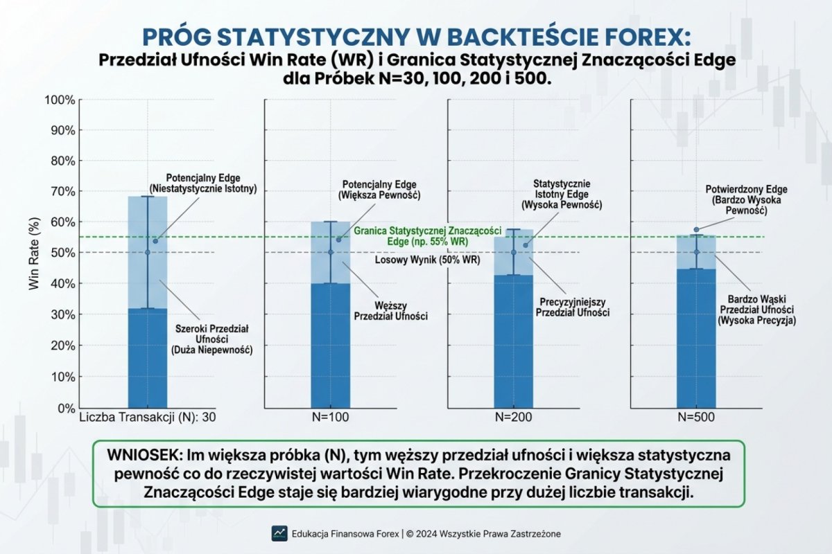 Próg statystyczny w backteście Forex — przedział ufności win rate dla próbek N=30, 100, 200 i 500 transakcji, szerokość przedziału względem progu decyzji (Clopper-Pearson, 95 procent)