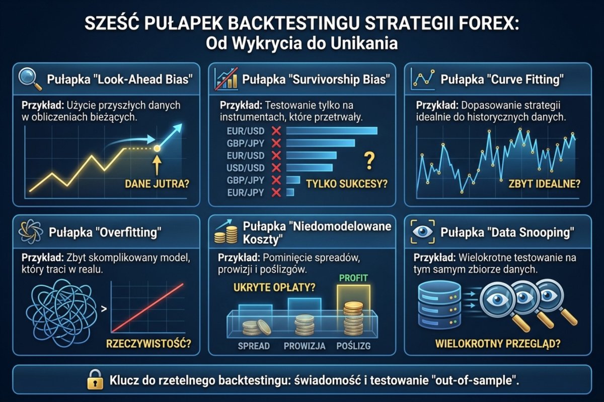Sześć pułapek backtestingu strategii Forex — look-ahead bias, survivorship bias, curve fitting, overfitting, niedomodelowane koszty i data snooping z przykładami detekcji