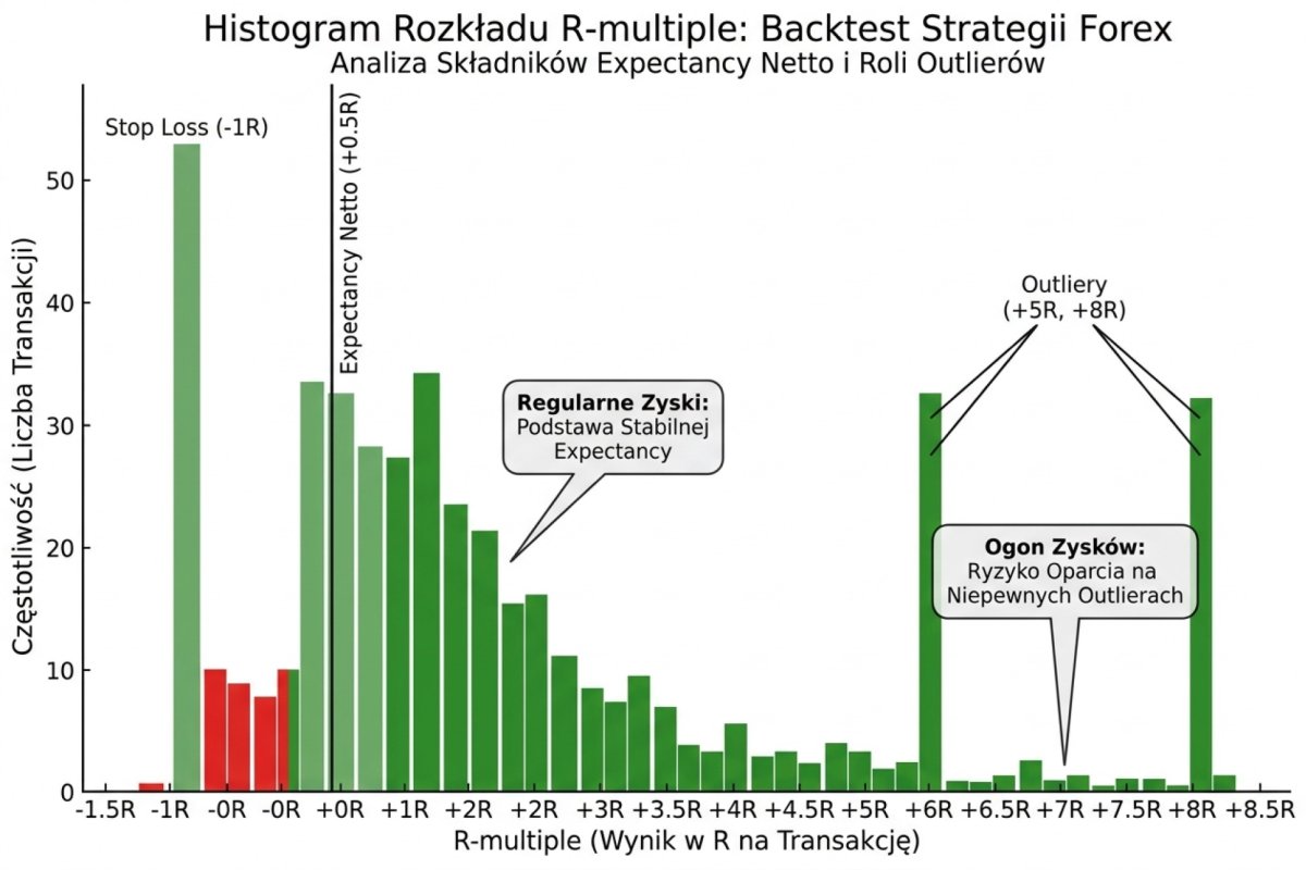 Histogram rozkładu R-multiple w backteście strategii Forex z pionową linią expectancy netto — rozrzut wyników w R per trade, słupek przy −1R skupia transakcje zamknięte na stopie, a lewy ogon poniżej −1R to luki otwarcia i poślizg, bo zlecenie stop nie gwarantuje ceny wykonania; prawa strona z ogonem zysków powyżej +2R. Wizualizacja pokazuje, czy expectancy strategii jest zbudowana na całym rozkładzie regularnych zysków, czy na kilku outlierach +5R/+8R, których powtórzenie w forward teście jest niepewne